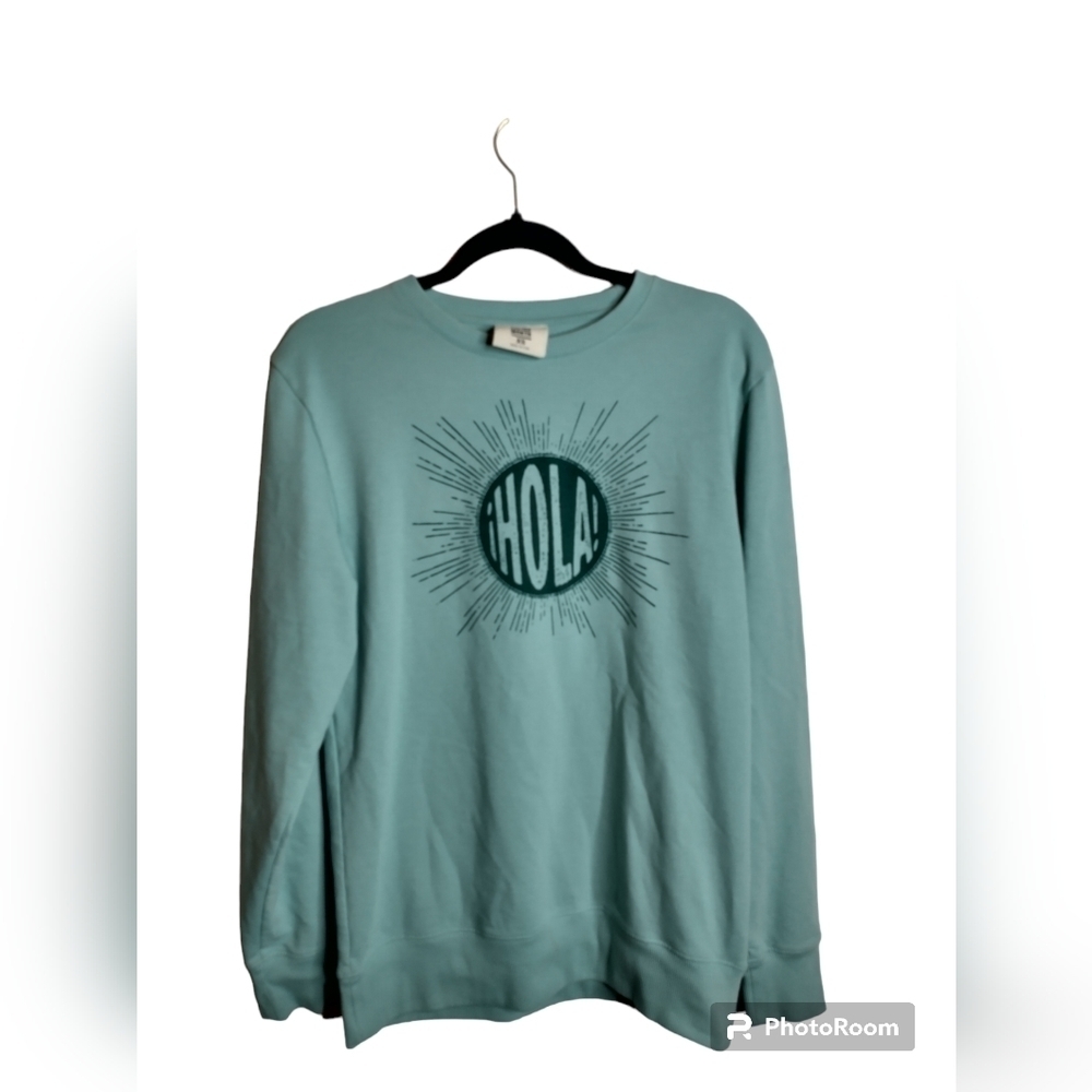 Latino Heritage Month Teal Hola Sweatshirt, Crewneck, women's size XS